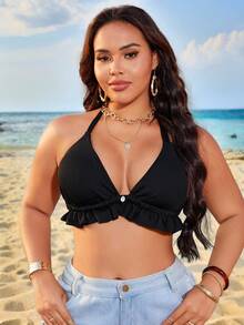 Swim Lushoire Plus Size Basic Triangle Bikini Top, Minimalist Style For Vacation - Black - View 6