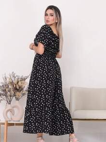 Women's Long Midi Dress With Puffer Sleeves And  Frills, Off-The-Shoulder, Tres Marias Floral - Black Flower - View 2