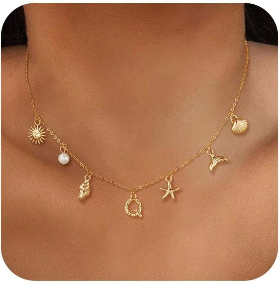 CAROVO Gold Initial Charm Necklace Women Letter A-Z Necklace 14K Gold Plated Charm Pendant Necklace Boho Summer Seashell Beach Starfish Surfer Jewelry - q - 查看 1