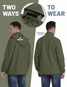 Men's Hooded Raincoat Waterproof Outdoor Hiking Jacket Casual Work Coat Outerwear - 軍綠色 - 查看 5