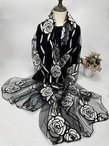 1pc Embroidered Jacquard Rose Patchwork Scarf/Shawl - Multicolor - View 4