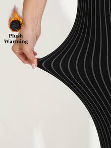 Women's Thermal Lined Black Leggings, European And American Fashion Casual Minimalist Line Pattern All-Over Print, Elegant Stretchy Skinny Pants For Home, Workout, Yoga, Gym, Running, Outdoor Walking, Party, Gift