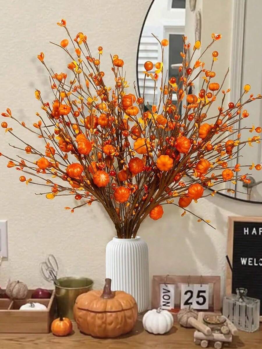 3pcs Artificial Berry Pumpkin Stems, Harvest Thanksgiving Autumn Home Decor, Realistic Indoor Floral Arrangement, Suitable For Home, Room, Bedroom, Dining Table, Party, Birthday, Wall, Tabletop, Fall, Labor Day, Harvest Festival And Thanksgiving Decoration - Multicolor - View 1