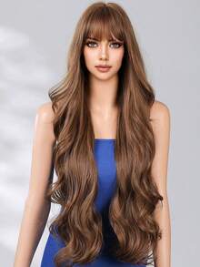 30 Inch Long Wig With Bangs Brown Synthetic Wigs For Women Bobo Wave Heat Resistant Long Wig Daily Party Uesd - 棕色 - 查看 2