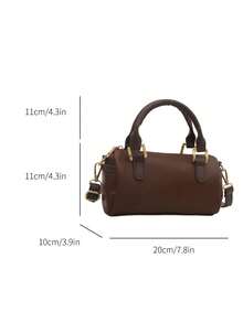 Tas Tangan Mewah untuk Wanita, Tas Genggam Silinder Bulat Serbaguna dan Modis Terbaru, Tas Selempang Bahu dengan Penutup Resleting, Tas Boston Kulit PU Warna Kontras - Coffee Brown - View 3