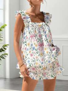 Womens Pajamas Set Bow Floral Print Ruffle Sleeveless Tank Top And Shorts Sleepwear Set Summer 2 Piece Outfits Women Floral Print Pajama Sets 2 Piece Lounge Set Ruffle Trim Sleeveless Top And Shorts Pjs Sleepwear - 蝴蝶結多色花 - 查看 3