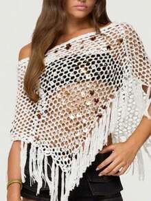 Fringe Sequin Crochet Poncho Women HollowPoncho Top Lightweight Knit Mesh Batwing Sleeve Beach Cover Ups - 白色 - 查看 1