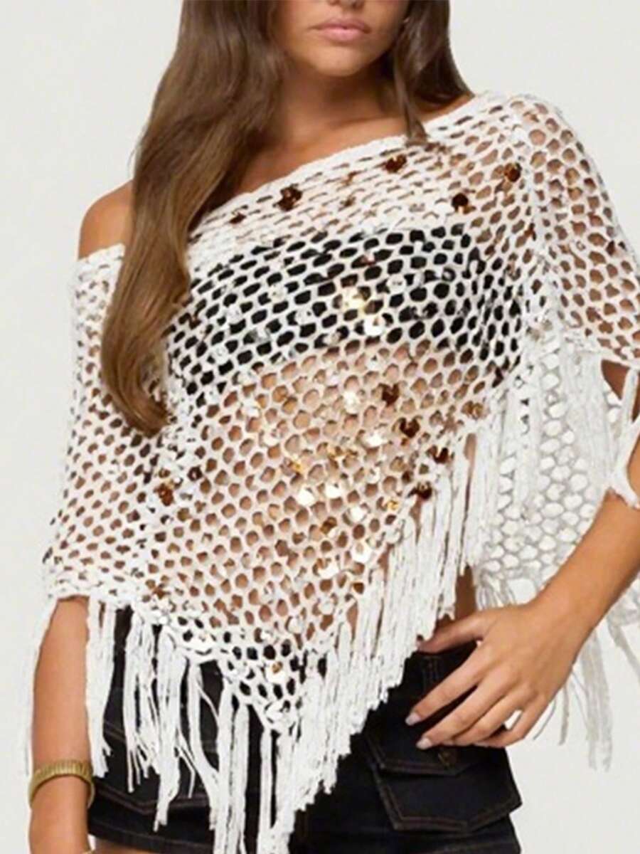 Fringe Sequin Crochet Poncho Women HollowPoncho Top Lightweight Knit Mesh Batwing Sleeve Beach Cover Ups - 白色 - 查看 1