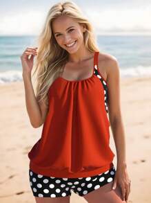 Tankini Swimsuits For Women 2025 Tummy Control Two Piece Bathing Suits With Sporty Pockets Swim Shorts - Red - View 1