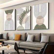 [Pintura de lienzo moderna] Juego de 3 piezas de pintura de lienzo con marco opcional, adecuado para decoración del hogar y la oficina - Pósteres con marco de madera, arte moderno medieval abstracto, pósteres geométricos y de hojas, café, sala de estar, bar, decoración de pared del hogar y dormitorio