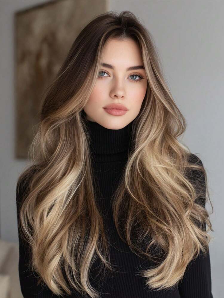 26 Inches Dark Brown Gradient Highlights Long Big Wavy Curls, Rose Lace, Suitable For Daily/Party/Holiday Wear - 漸層棕色 - 查看 1