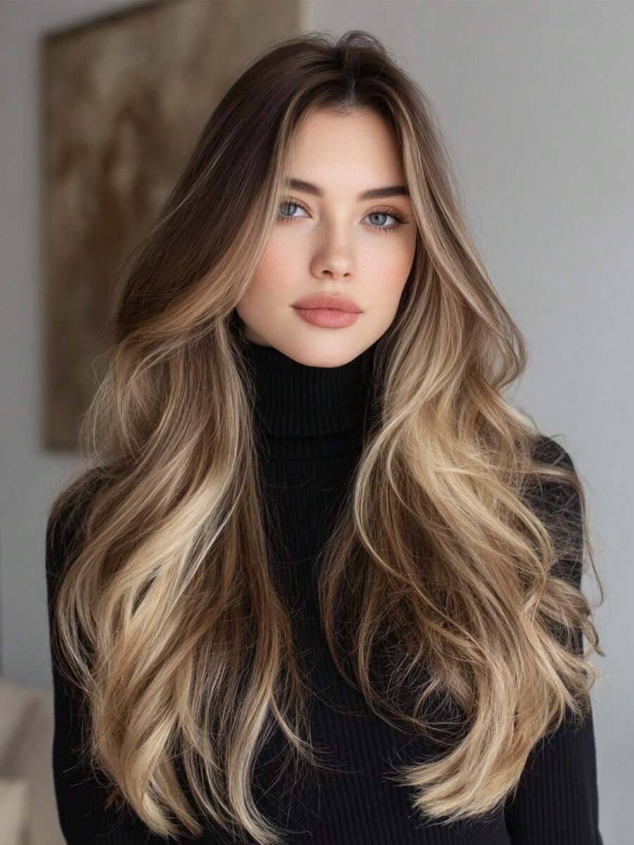 26 Inches Dark Brown Gradient Highlights Long Big Wavy Curls, Rose Lace, Suitable For Daily/Party/Holiday Wear - Màu nâu ombre - Xem 1