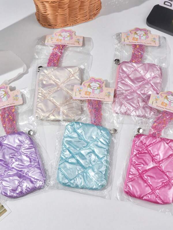 Fashionable & Cute Coin Purse, Made Of Glossy Quilted Material, With Woven Hanging Strap, Zipper Closure, Can Store Small Items, Decorative And Practical