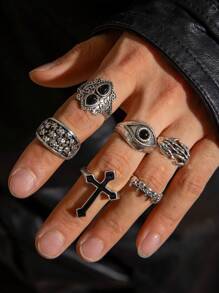 imoli 6 件/套哥特朋克风格锌合金黑油、鹰爪、眼睛形银戒指，男士适用，万圣节派对礼物（手工上油、各种黑化效果）