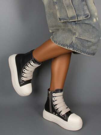 Zapatillas de deporte de plataforma de moda para mujeres con suela gruesa, punta redonda, botines con cordones, zapatos deportivos para estudiantes, negros, casuales para patineta