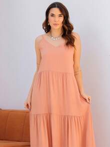 Women's Long Viscose Dress With Adjustable Straps - Khaki - View 3