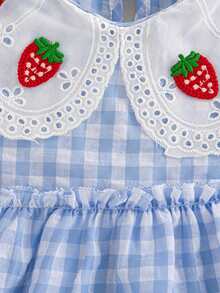 夏季女婴草莓荷叶边领格子无袖连衣裙，适合小女孩的可爱休闲连衣裙 - 藍色 - 查看 4
