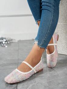 2025年秋季大码女式方头蕾丝拼接玫瑰户外休闲派对透气镂空平底乐福鞋，百搭，芭蕾平底鞋，玛丽珍鞋 - 漸層彩色 - 查看 2