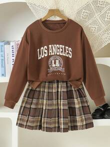 2pcs/Set Tween Girls Sweatshirt & Plaid Skirt Suit, Casual Letter Print Crew Neck Long Sleeve Hoodie And Versatile Brown Plaid Mini Skirt, Autumn - Brown - View 1