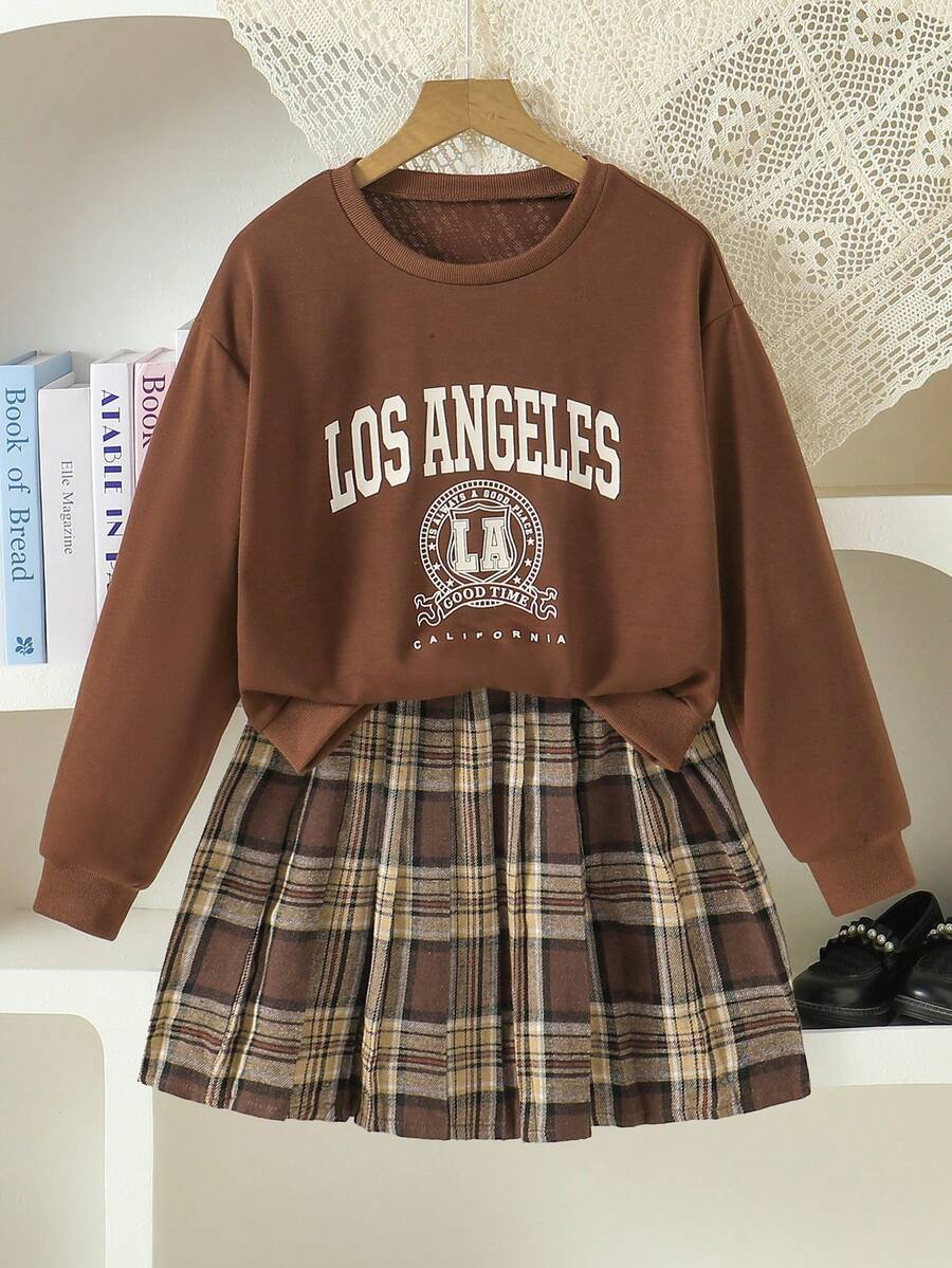 2pcs/Set Tween Girls Sweatshirt & Plaid Skirt Suit, Casual Letter Print Crew Neck Long Sleeve Hoodie And Versatile Brown Plaid Mini Skirt, Autumn - Brown - View 1