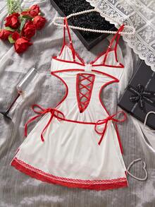 1pc Women's Sexy Lingerie,Contrast Lace,Criss Cross,Lace Up,Cut Out, Nurse-Themed Role Play Costume Halter Dress. - Red and White - View 4