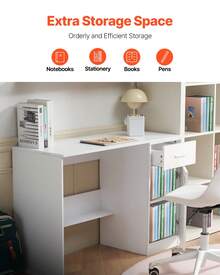 Small Desk With Drawer, Kids Desk For Bedroom, Wooden Simple Study Table For Drawing, Reading, Writing, Rectangle MDF Study Storage Table With Adjustable Shelf For Home, Office, White - White - View 4