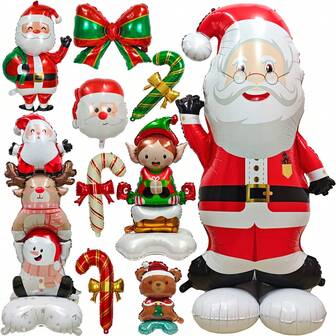 1pc Christmas Balloons, Oversized Standing Santa Claus, Christmas Elves, Bows, Candies, Crutches, Little Bears, Elk, Holiday Decorations, Party Settings, Red And Green Birthdays