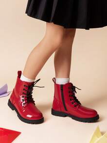 Kids Combat Boots | Ankle-Length Style With Side Zipper For Toddler & Little Kid - Đỏ - Xem 3