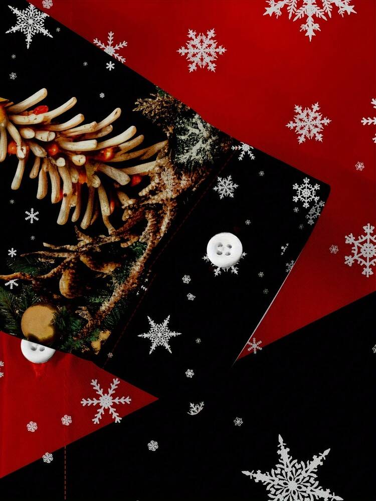 Áo sơ mi nam dài tay in họa tiết chủ đề Giáng sinh, họa tiết cây thông Noel và bông tuyết khối màu đỏ và đen, không khí lễ hội Giáng sinh, áo cài nút cổ bẻ thời trang thường ngày, thích hợp cho tiệc tùng, tụ tập, áo len cardigan đa năng - Nhiều màu - Xem 4