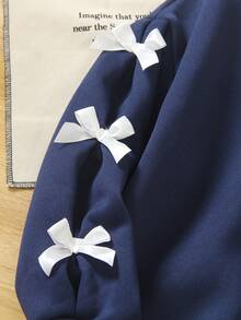 2 Pieces Set: Tween Girls Casual Bowknot Long Sleeve Crew Neck Sweatshirt And Straight Leg Sweatpants, Autumn - Navy Blue - View 4