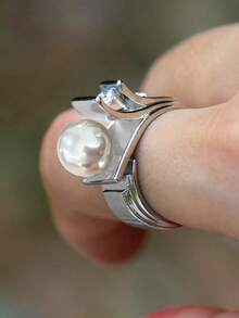 1 件优雅方晶锆石和人造珍珠戒指，适合女士结婚珠宝情人节礼物 - 銀色 - 查看 6