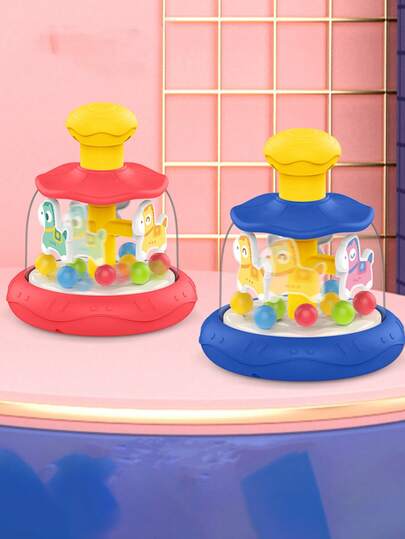 Press & Rotate Wooden Carousel, Red & Blue Rotating Toy, Children's Educational Toy, Press & Rotate Carousel, Rotating Dome Activity Toy, Colorful Rotating Face, Birthday Gift For Boys & Girls, Christmas Gift, Halloween Gift, Non-Electronic Toy