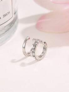 1pc Simple & Vintage Double Layered Rhinestone Inlaid C-Shaped Ear Clip, Suitable For Women's Daily Wear, Party And Festival - Silver - View 3