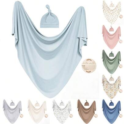 3 件套婴儿襁褓包巾帽套装，柔软花卉恐龙印花新生儿包裹毯，31.5 英寸婴儿摄影道具包裹毯