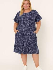 Printed Plus Size Dress With Pocket And Ruffle - Màu xanh lam - Xem 3