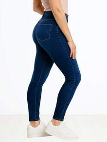 Jeans básicos talle alto un botón ajustados mezclilla gruesa efecto PUSH UP toda ocasión. - Azul lavado oscuro - Ver 3