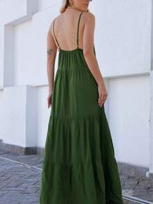 Viscolinho Women's Long Dress With Adjustable Straps - Army Green - View 2