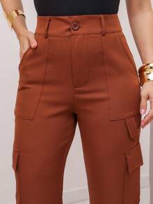 YING ZI Wide Leg Buckle Pocket Color Tailored Pants - nâu sẫm - Xem 5