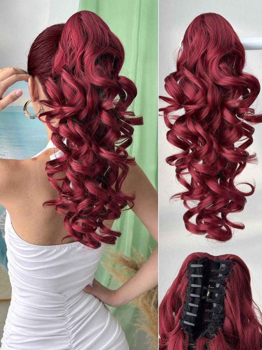 HEYPINK Tóc giả đuôi ngựa hình móng vuốt màu đỏ rượu vang, dài 20 inch, làm từ sợi tổng hợp chịu nhiệt, thích hợp cho nữ giới dịp Halloween, Giáng sinh và sử dụng hàng ngày.