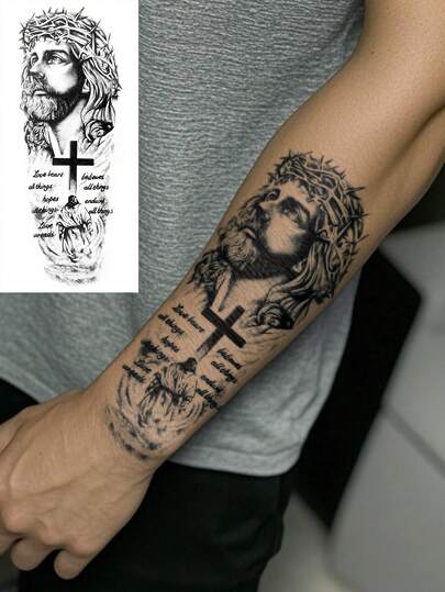 1 张大尺寸人体艺术临时纹身贴纸，男士适用，黑色耶稣西方图案，防水防汗假纹身，持续 2-5 天，遮盖疤痕，可用于手臂手腕肩腿腰颈手胸部大腿手指脚踝，适用于派对、礼物、度假、身体装饰