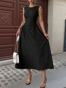 2025 Frühling/Sommer Neuer Europäischer & Amerikanischer Stil Einfarbiges Kleid mit Schnürung in Taille, elegantes Knielanges Kleid, Damen Ärmellos Hoch Tailliert A-Linie Kleid, Rundhalsausschnitt, feminin, geeignet für Alltag und Büro - Schwarz - Übersicht 4