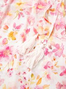 Acelitt Autumn Pink Printed Tassel Tie V-Neck Bubble Sleeve Waist Top - Pink - View 5