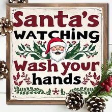 1 pezzo Cartello in stile fattoria "Babbo Natale ti guarda mentre ti lavi le mani", opera d'arte da parete in legno incorniciata, stile classico di fattoria, senza bisogno di elettricità, decorazione festiva polivalente, adatta per Natale, Ringraziamento, Capodanno, universale, quadrata