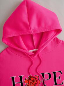 Plus Size Women's Casual Versatile Rose Red Hooded Sweatshirt And Thermal Lined Sweatpants Set, With A Hope Rose Pattern Printed On The Chest. A Two Pieces Set Featuring A Versatile Basic Style Suitable For Autumn And Winter.