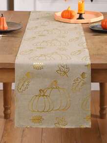1pc Halloween Burlap Table Runner With Gold Foil Pumpkin Decor, For Living Room, Dining Room, Kitchen, Thanksgiving, Harvest Season, Autumn