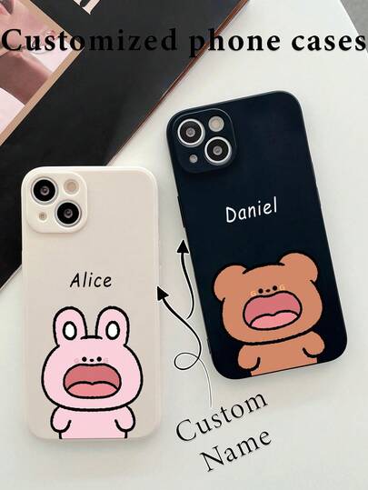 1pc Customizable Easter Day, Teddy Bear & Rabbit Design, Personalized Name Thin Phone Case, Compatible With Samsung A32/A52 And Apple 17ProMax/16ProMax 15 14 13 12 11 XR, Clear, Fashionable, Cute, Minimalist, Matching Phone Case, Personalized, Unique, Valentine's Day Gift For Girlfriend/Boyfriend