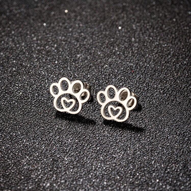 1 par de pendientes pequeños de animales de acero inoxidable, pendientes de gato y perro simples y lindos adecuados para mujeres, apropiados para uso diario, regalo de joyería - Plateado - Añade 17