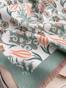 1 buah Syal/Selendang Hangat Rajut Jacquard Motif Bunga Bahan Kasmir Imitasi untuk Wanita, Aksesori Fesyen Serbaguna untuk Musim Gugur/Musim Dingin, Cocok untuk Dekorasi Gaun - Lily Hijau - View 3