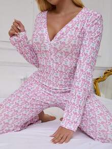 Mono de una pieza con estampado de mono de dibujos animados para mujer, mono de pijama sexy con acanalado, ropa de dormir de una pieza, pijamas familiares de Navidad y vacaciones, otoño