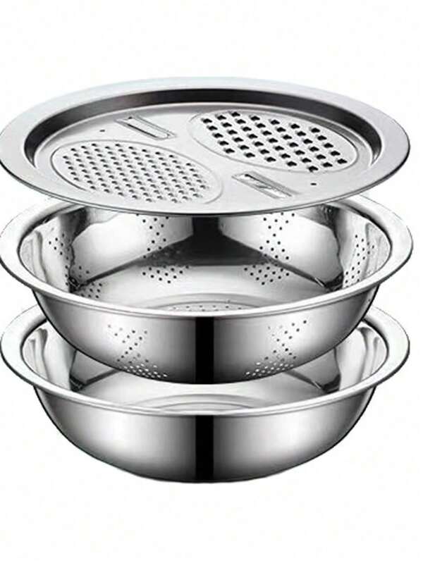 3 Stücke Küchenvorbereitungs-Set aus lebensmittelechtem Edelstahl: integrierter Reibe, multifunktionale Siebvorrichtung und Rührschüssel mit Ablaufsystem zum Waschen, Scheiben von Obst, Gemüse und Käse